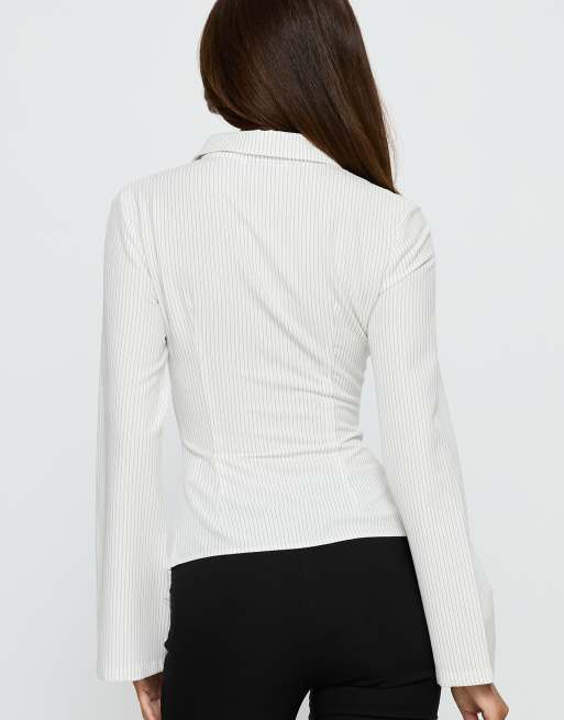 Princess Polly Anni flared sleeve button up fitted shirt in white pinstripe, 4 of 4