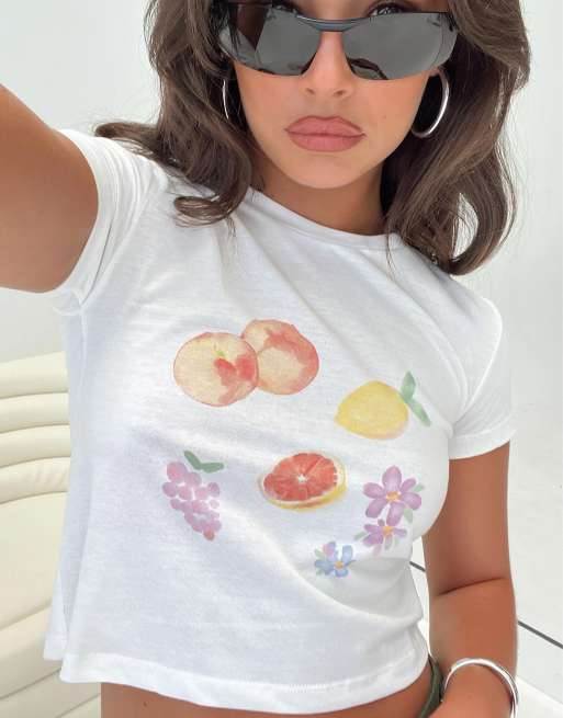 Princess Polly Arri cotton blend fruit graphic cropped baby tee in white, 4 of 4