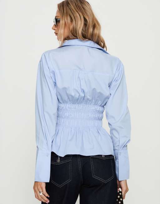Princess Polly - As You Are - Camicia arricciata in vita celeste con bottoni, 3 di 4