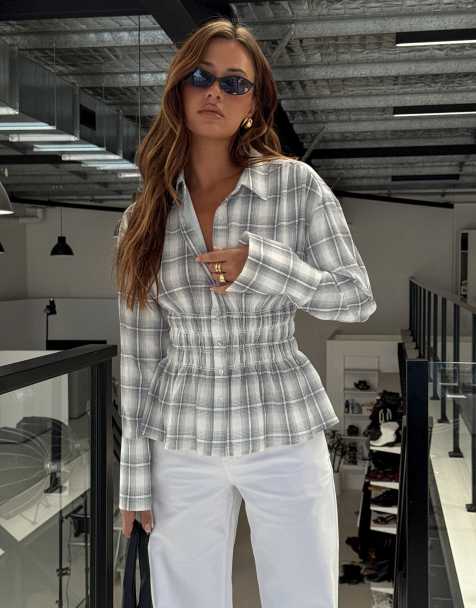 Princess Polly - As You Are - Camicia arricciata in vita nera a quadri con bottoni - view 1
