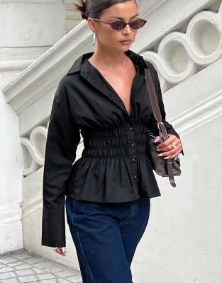 Princess Polly Princess Polly As You Are shirred waist button up shirt in black