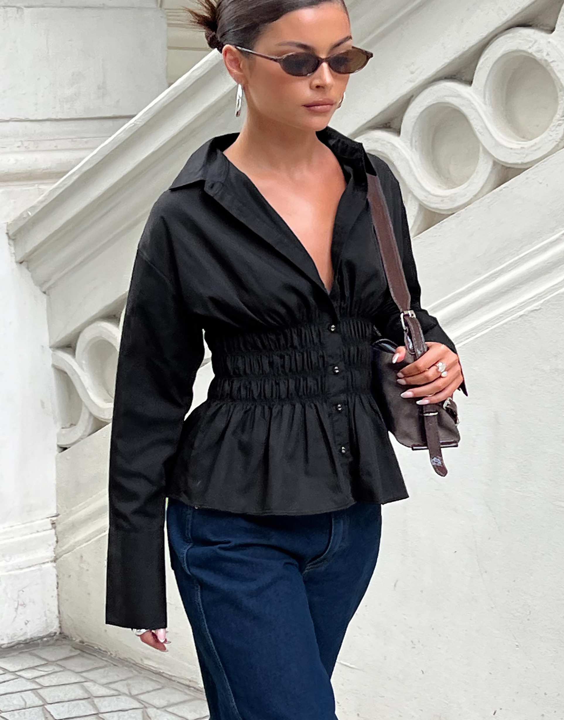 princess polly as you are shirred waist button up shirt in black