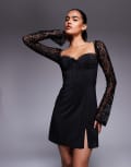 [Princess Polly] Princess Polly Ashwood lace flared sleeve tie front cup detail side split mini dress in black 16 BLACK