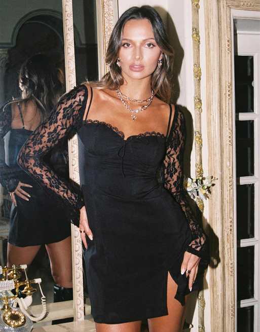 Princess Polly Ashwood lace flared sleeve tie front cup detail side split mini dress in black, 4 of 4