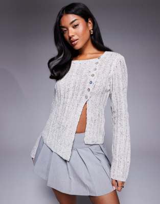 asymmetric button side split cardigan in gray