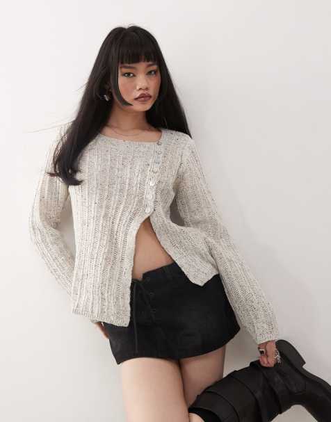 Princess Polly asymmetric button side split cardigan in grey - view 1