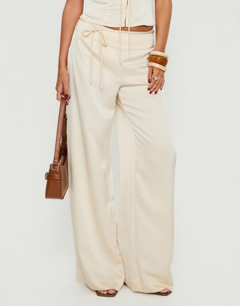 Princess Polly Aubrette satin collared cap sleeve tie front detail top and pants set in cream - view 1