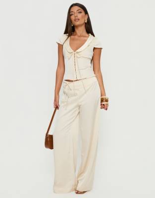 Princess Polly Aubrette Satin Tie Waist Detail Wide Leg Pants In White