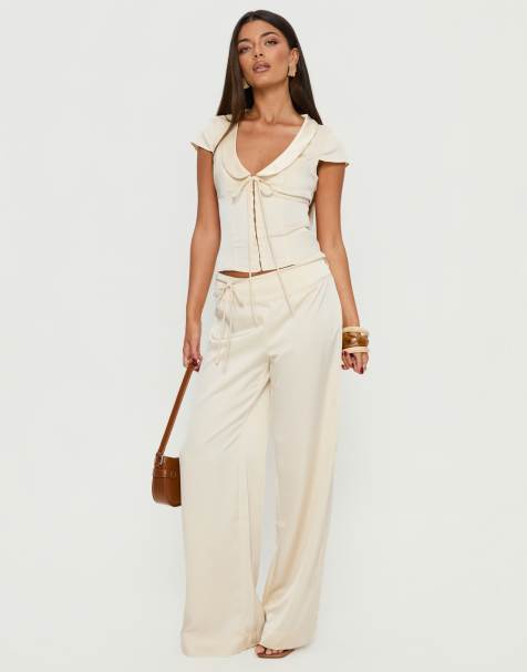 Princess Polly Aubrette satin tie waist detail wide leg pants in cream - part of a set - view 1