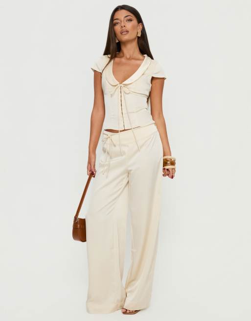 Princess Polly Aubrette satin collared cap sleeve tie front detail top and trousers co-ord in cream, 3 of 3