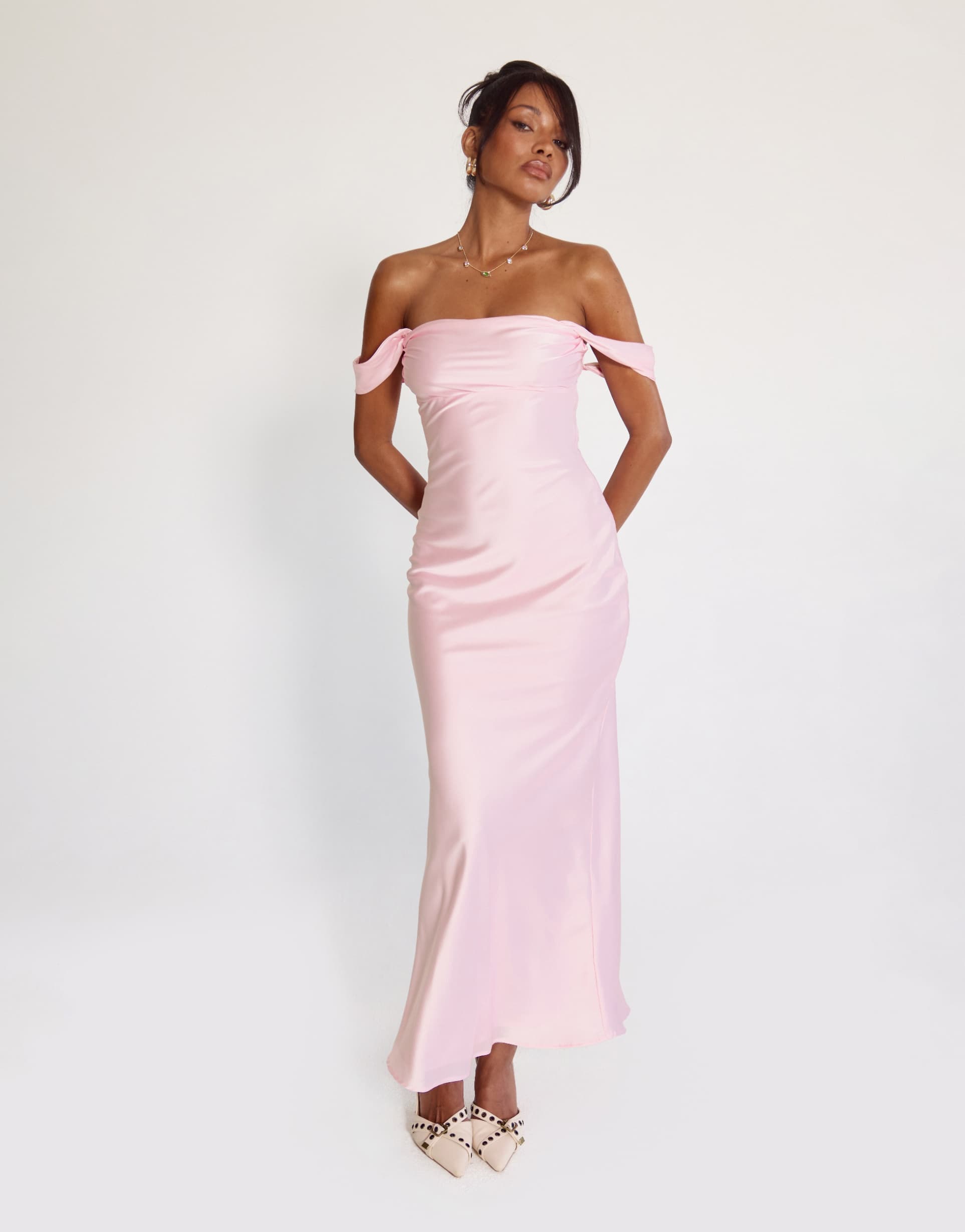 princess polly azura satin ruched bust square neck fallen shoulder maxi dress in pink