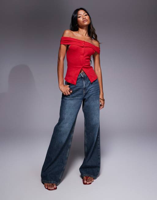 Princess Polly Azusa ribbed knit foldover bardot top in red ASOS