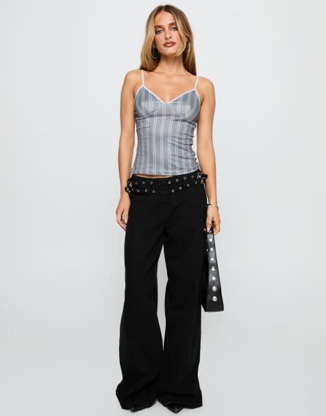 Princess Polly Baccarat cotton rich double belted eyelet detail wide leg denim jeans in black - view 1
