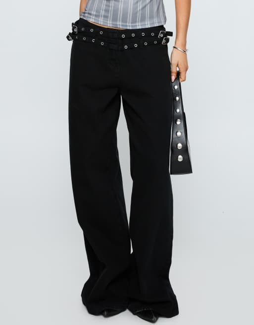 Princess Polly - Baccarat - Jean ample en coton mélangé avec ceinture double ornée d'œillets - Noir, 2 de 4