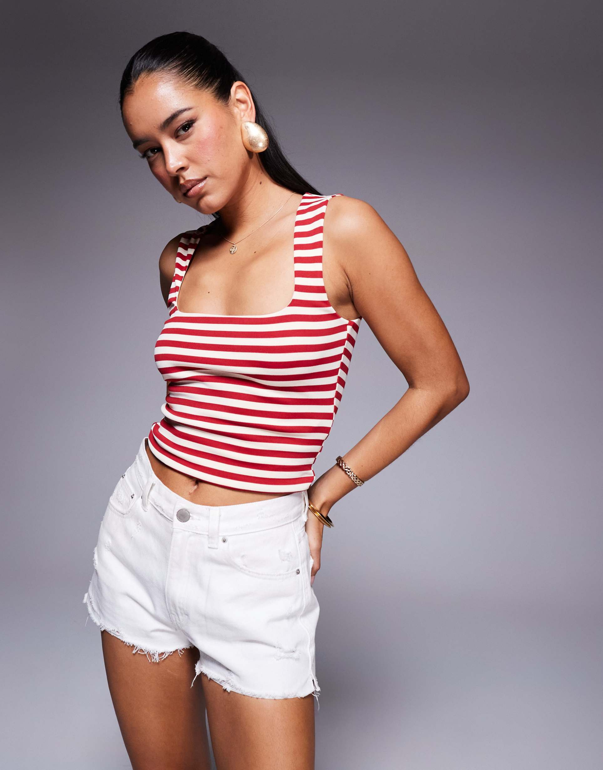 princess polly back in time double sculpted slinky square neck top in red and white stripe