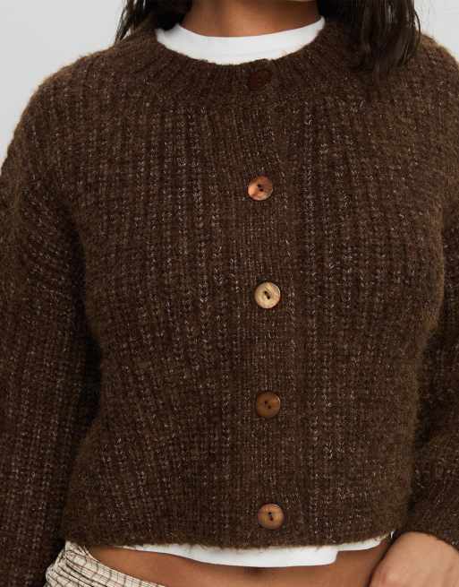 Princess Polly balloon sleeve button through cropped cardigan in chocolate, 3 of 4