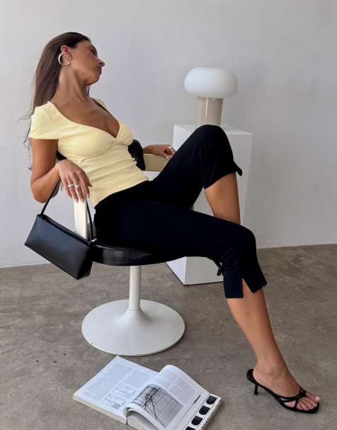 Princess Polly Baseline Rib trim detail mid rise capri pants in black