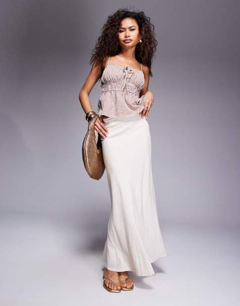 Princess Polly – Beige, diagonalskuren maxikjol i linnemix - view 1