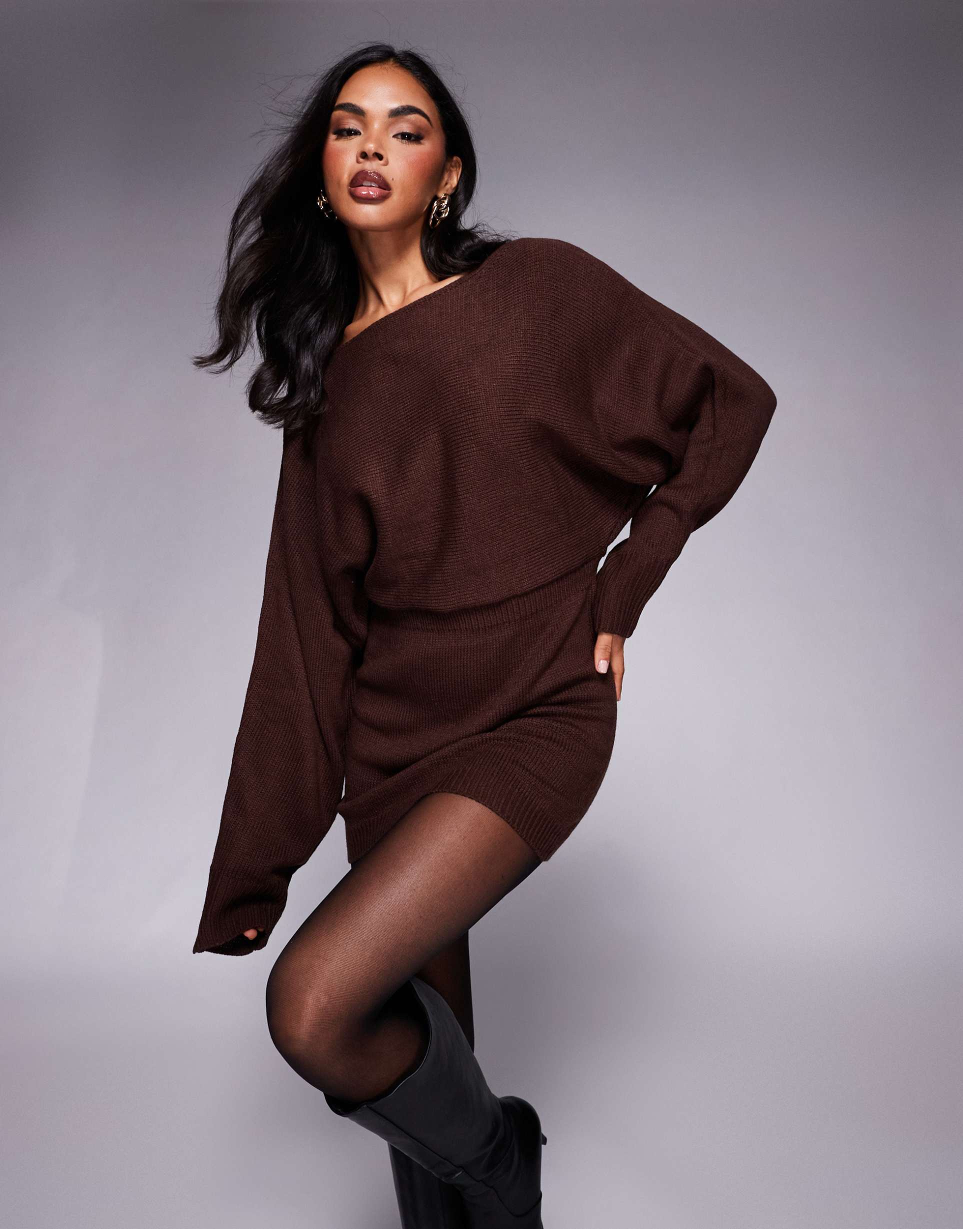 princess polly bellamie balloon sleeve foldover waist detail sweater dress in chocolate