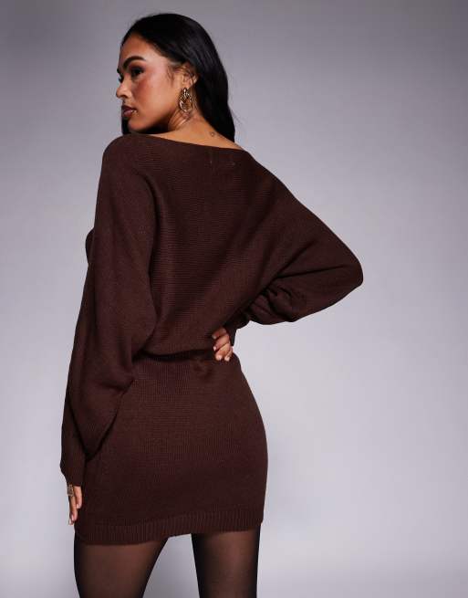 Princess Polly - Bellamie - Robe pull à manches ballon et taille rabattue - Chocolat, 4 de 4