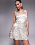 [Princess Polly] Princess Polly Berlin satin square neck lace trim mini dress in cream floral-Multi 4 CREAM