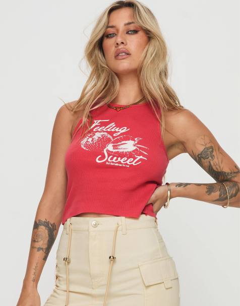 Princess Polly Berries N Sweets feeling sweet graphic singlet top in washed red - view 1