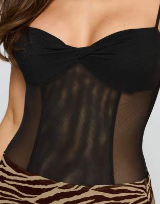 Princess Polly Best Idea Sheer Twist Knot Bust Detail Bodysuit In Black