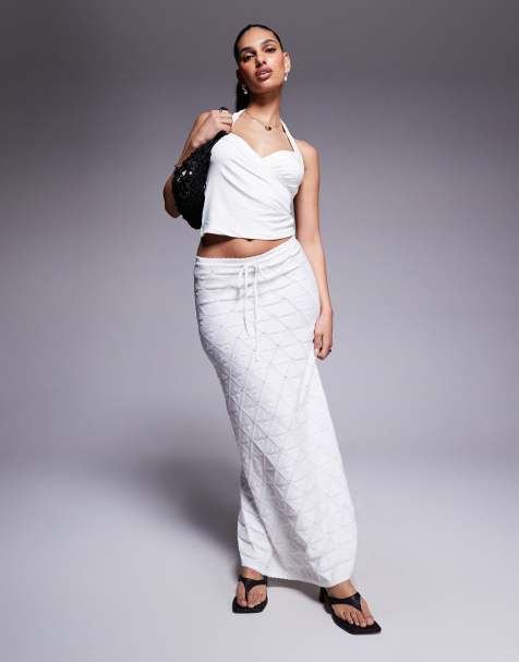 Princess Polly knitted tie front maxi skirt in white