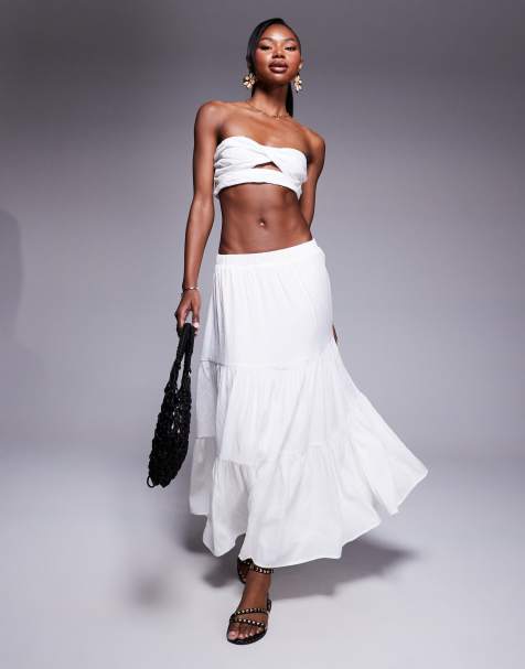 Princess Polly twist front bandeau crop top and tiered maxi skirt set in white