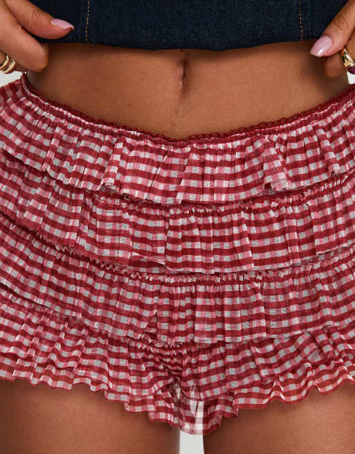Princess Polly Biscotti mesh ruffle mini shorts in red gingham, 2 of 4