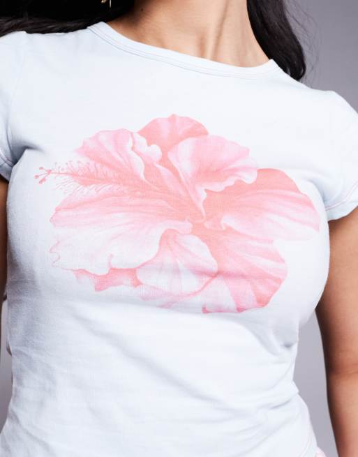 Princess Polly – Blå, kort t-shirt med hibiskus-tryck, 3 av 4