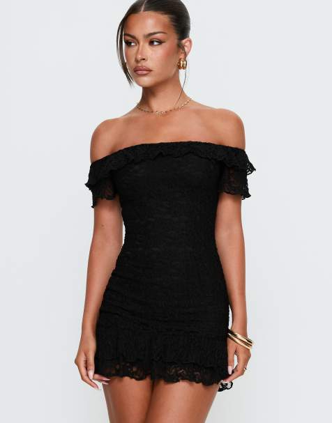 Princess Polly Bonnee lace overlay foldover neck tiered pleated hem mini dress in black - view 1