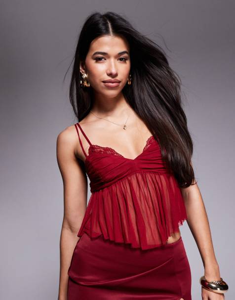 Princess Polly mesh lace detail babydoll cami top in burgundy