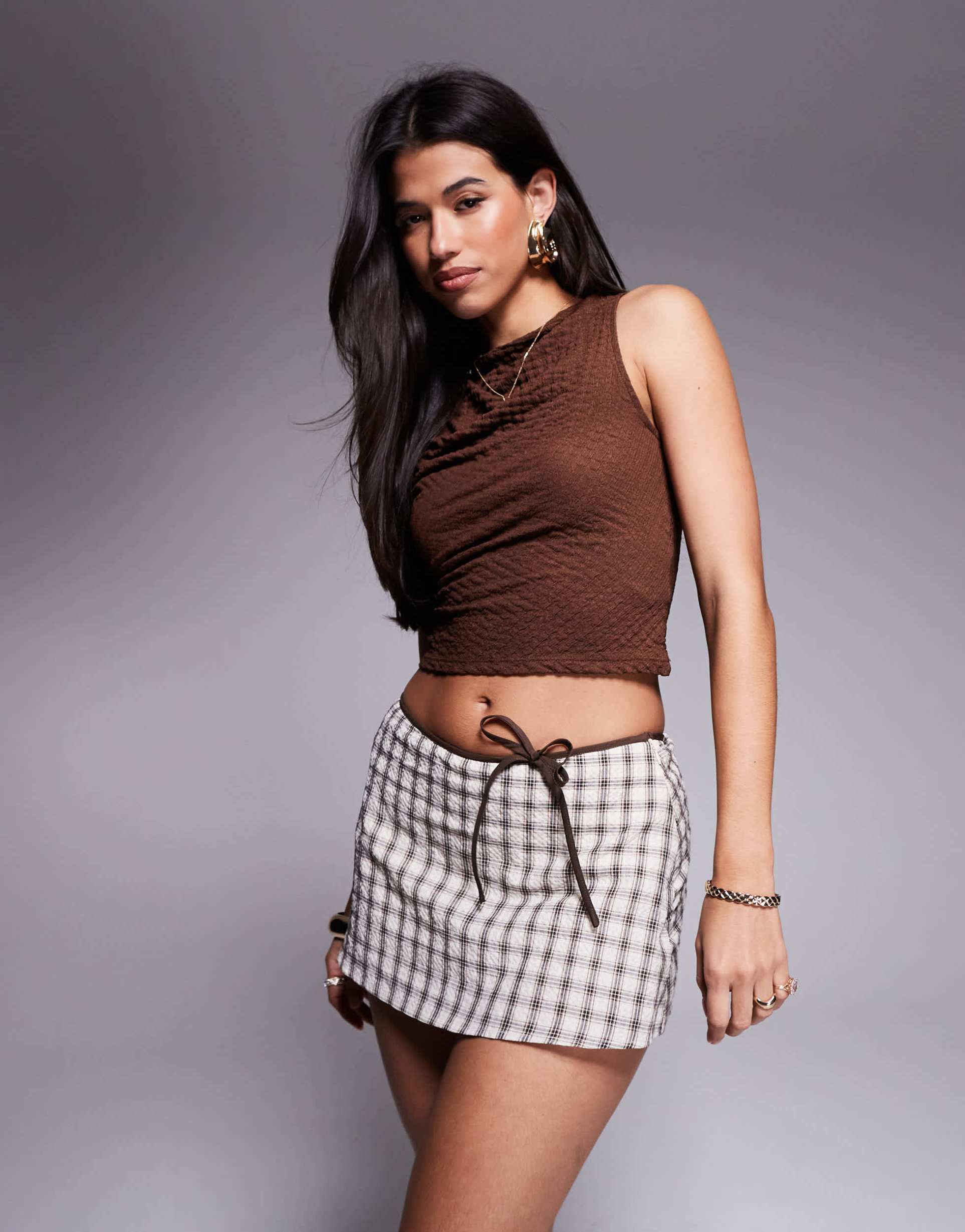 princess polly bow detail mini skirt in brown plaid
