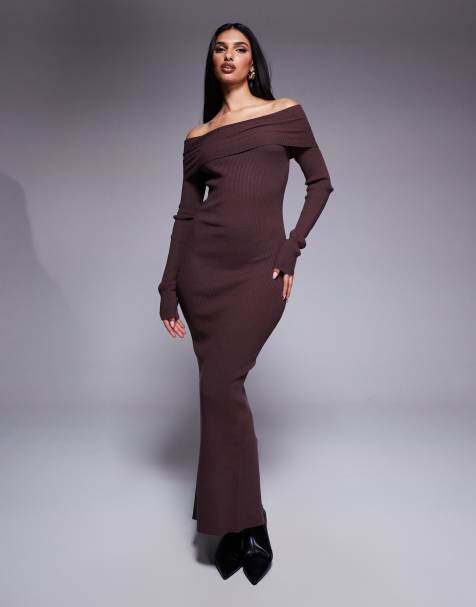 Princess Polly – Brązowa dzianinowa sukienka bodycon maxi z mocno odwijanym dekoltem bardot - view 1