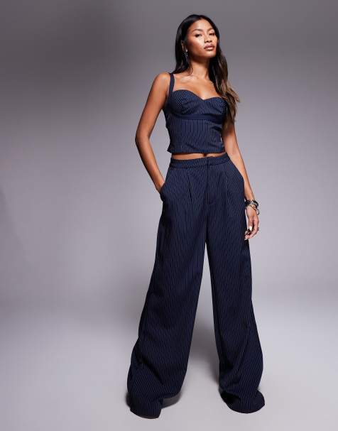 Princess Polly Briana sweetheart neckline cami top & wide leg pants set in navy pinstripe - view 1