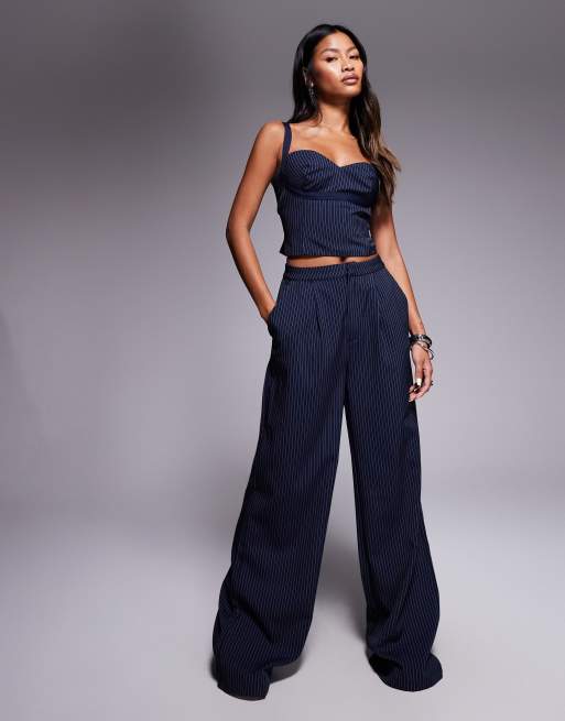Princess Polly Briana sweetheart neckline cami top & wide leg pants set in navy pinstripe