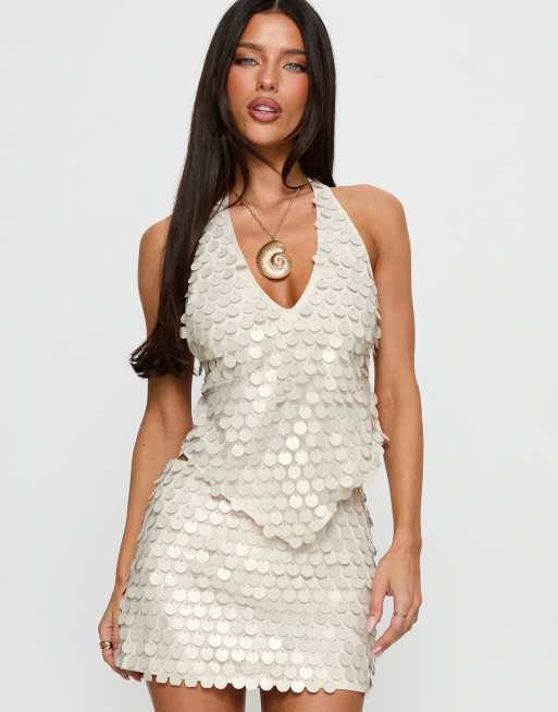 Princess Polly - Brittanie - Coordinato color crema con gonna e top stile foulard con paillettes a disco, 2 di 3