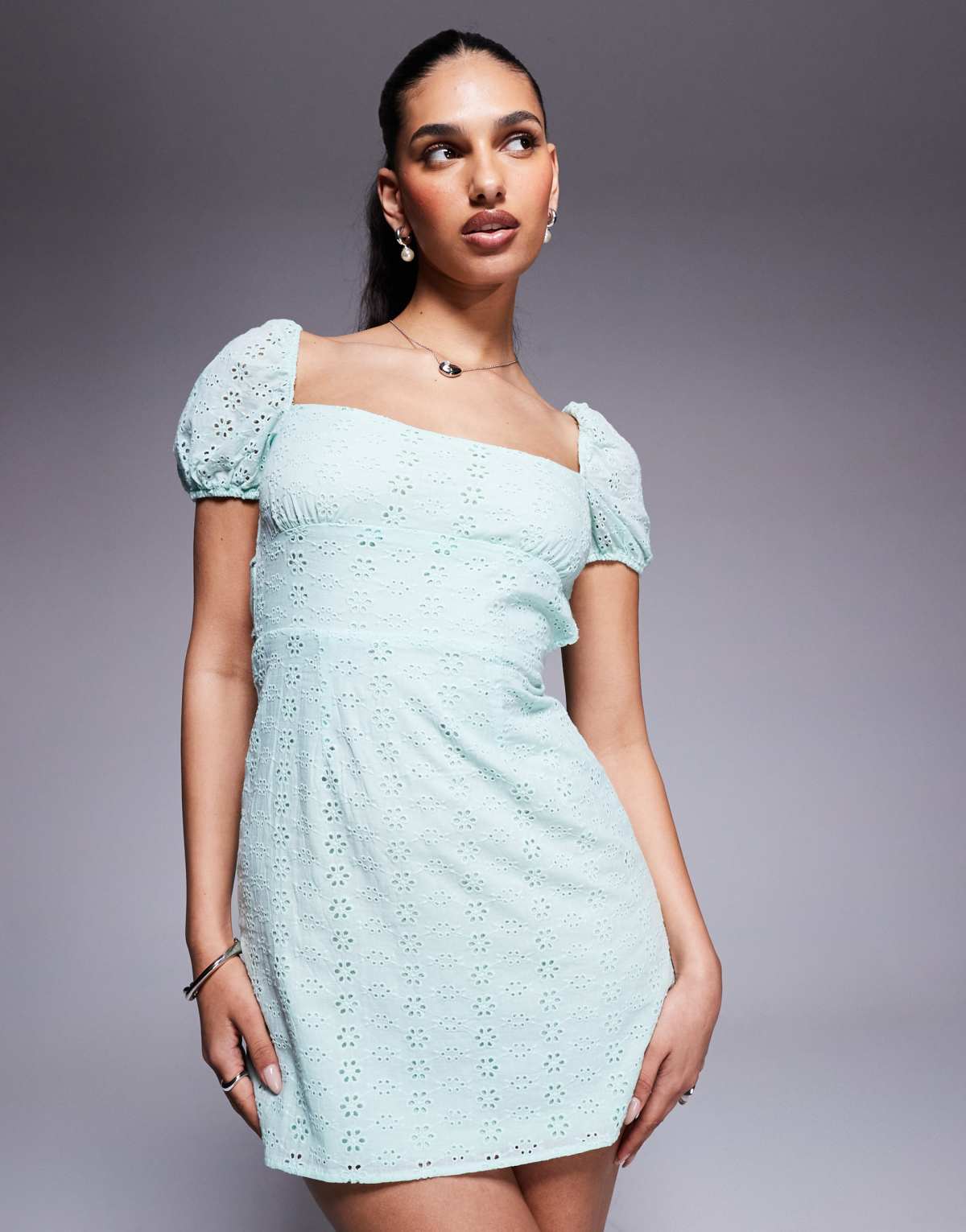Princess Polly broderie puff sleeve tie back mini dress in sage