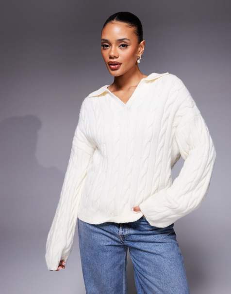 Princess Polly Brodey collared cable knit sweater in cream - view 1