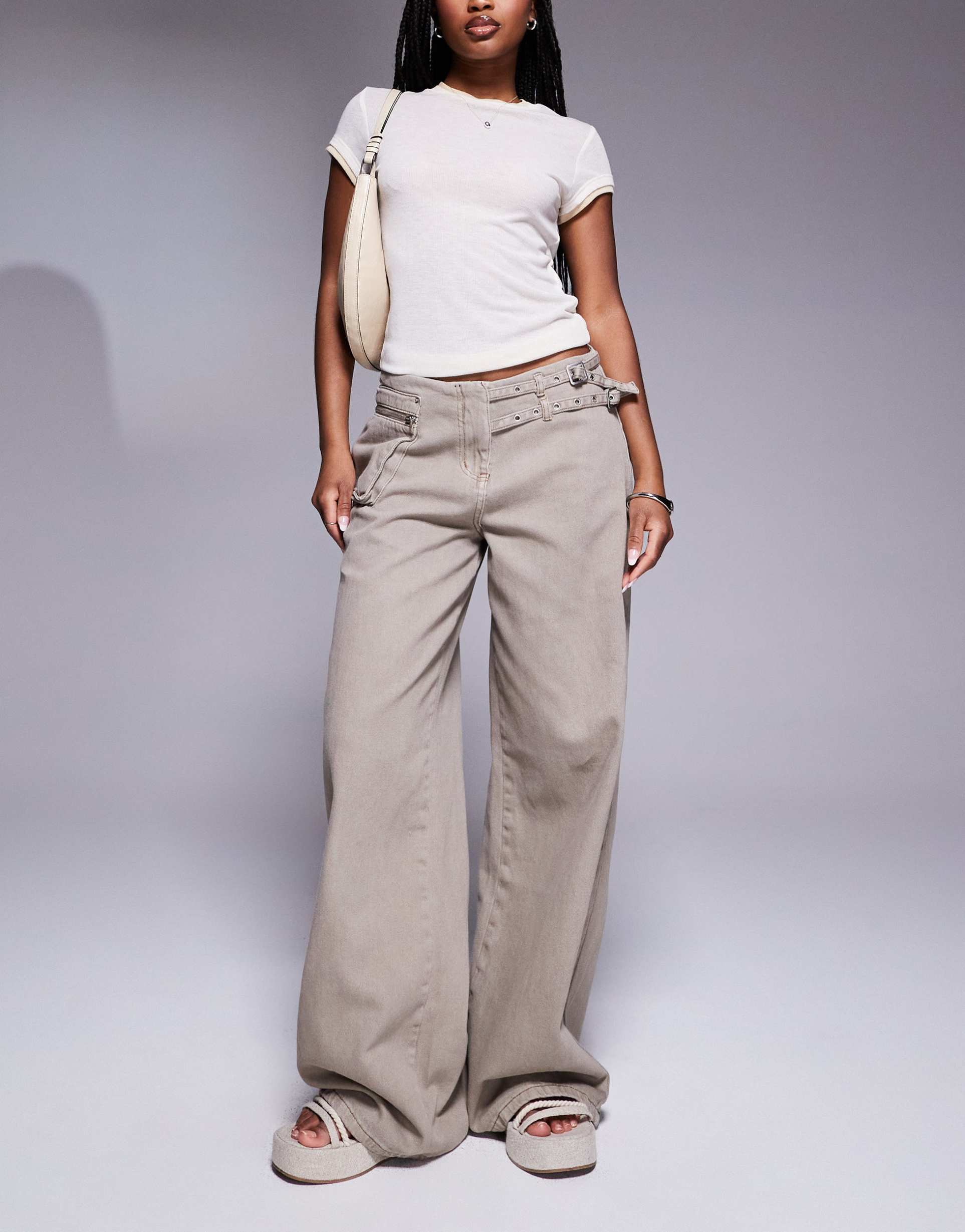 princess polly buckle and pocket detail baggy wide leg jeans in washed brown