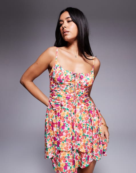 Princess Polly cami ruched bust tie front asymmetric hem mini dress in pink floral print - view 1