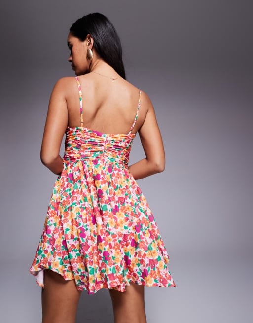 Princess Polly cami ruched bust tie front asymmetric hem mini dress in pink  floral print | ASOS