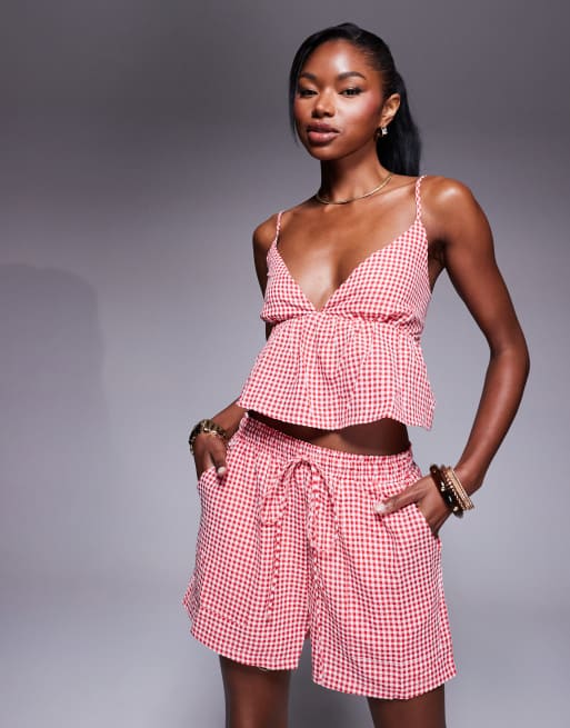 Gingham Beach House Shorts White Culotte Rojo Mujer Shorts