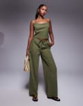 [Princess Polly] Princess Polly cami top and drawstring wide leg pants full set in khaki-Green 4 KHAKI