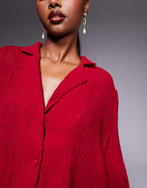 Princess Polly - Camicia bordeaux plissé con maniche svasate e bordi smerlati, 3 di 4