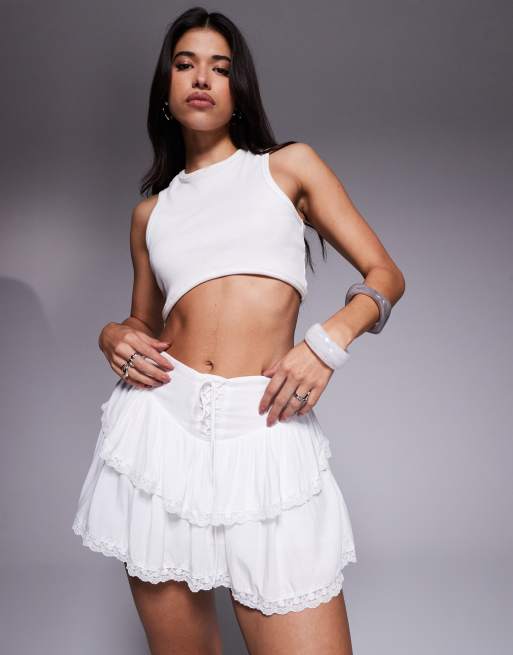 Princess Polly Capshaw lace up detail tiered lace trim mini skirt