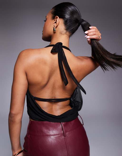 Princess Polly Carefree halterneck cowl open back top in black, 2 of 4