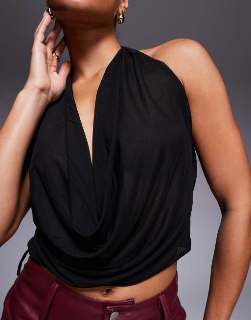 Princess Polly Carefree halterneck cowl open back top in black, 3 of 4