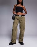 [Princess Polly] Princess Polly cargo style seam detail baggy jeans in khaki-Green 6 KHAKI
